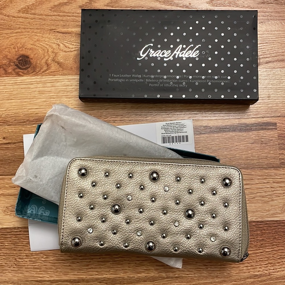 NIP Grace Adele Studded Zip Wallet in Metallic Champagne